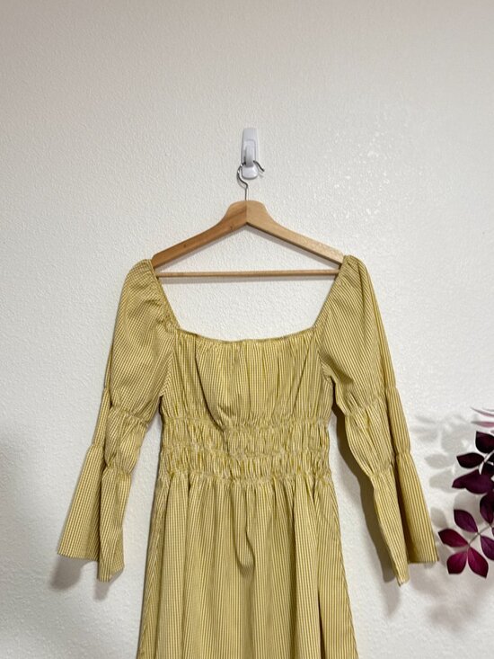 LULUS Lunch Date Mustard Yellow Gingham Bell Sleeve Mini Dress Medium - Picture 5 of 8